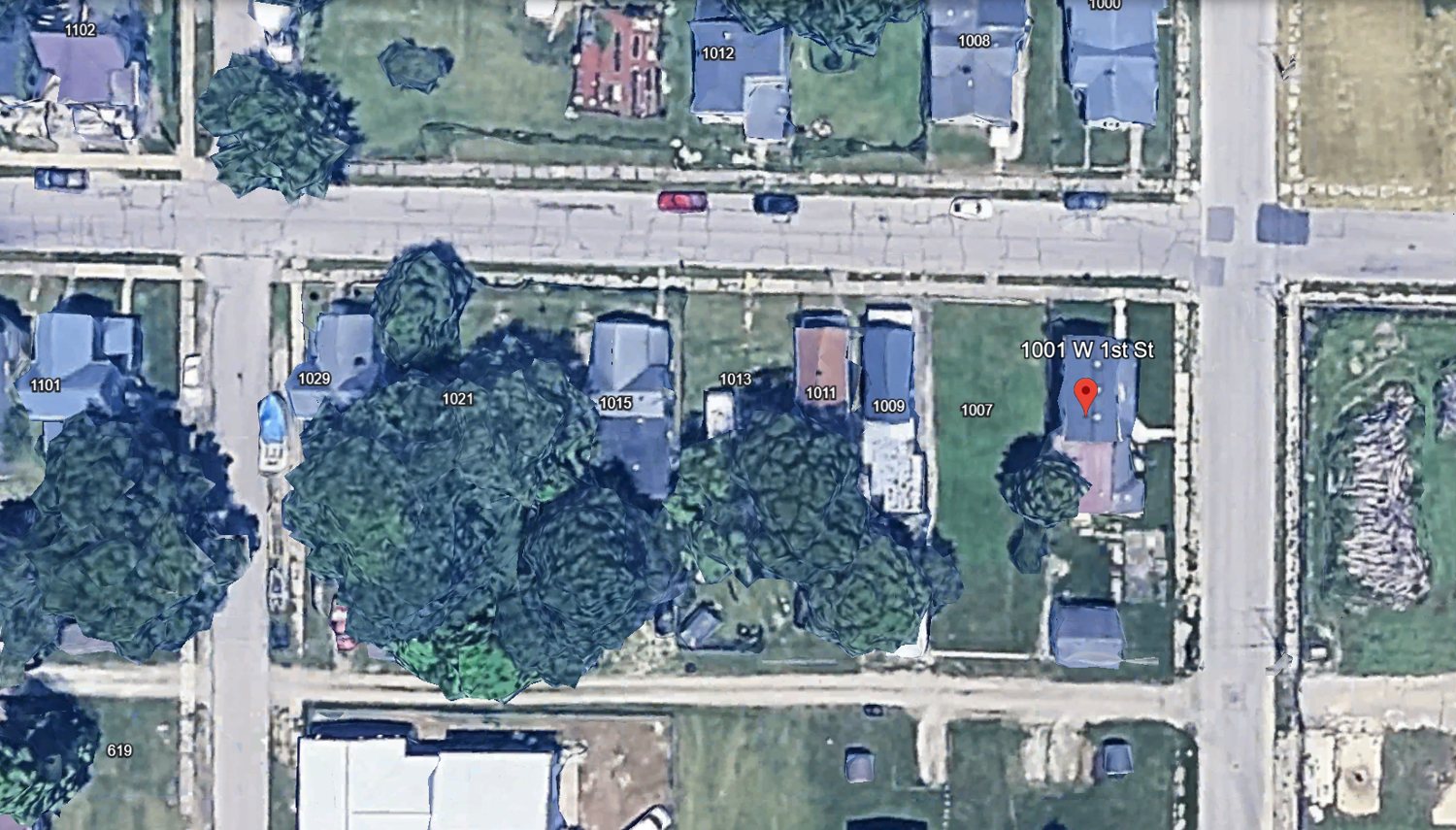 Aerial view of 1001 W 1st St and surrounding blocks